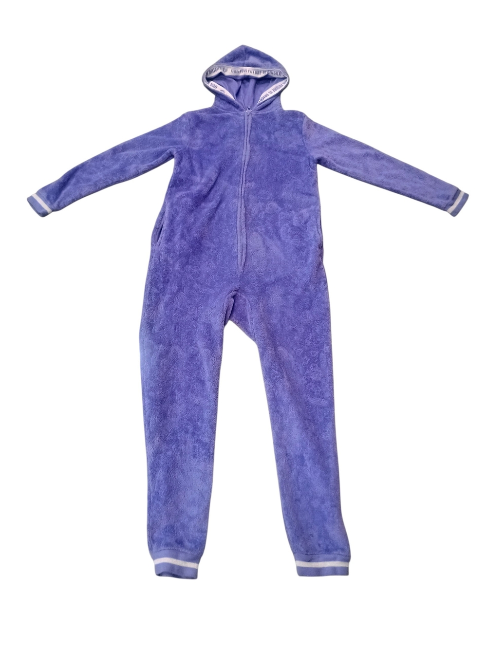 More Than Magic Kid XL Purple Fuzzy Hooded One-Piece Plush Jumpsuit Footless PJ